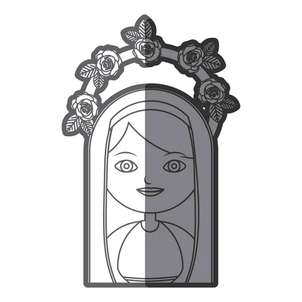 Silhouette monocromatica figura vergine maria cartone animato con corona di rose — Vettoriale Stock