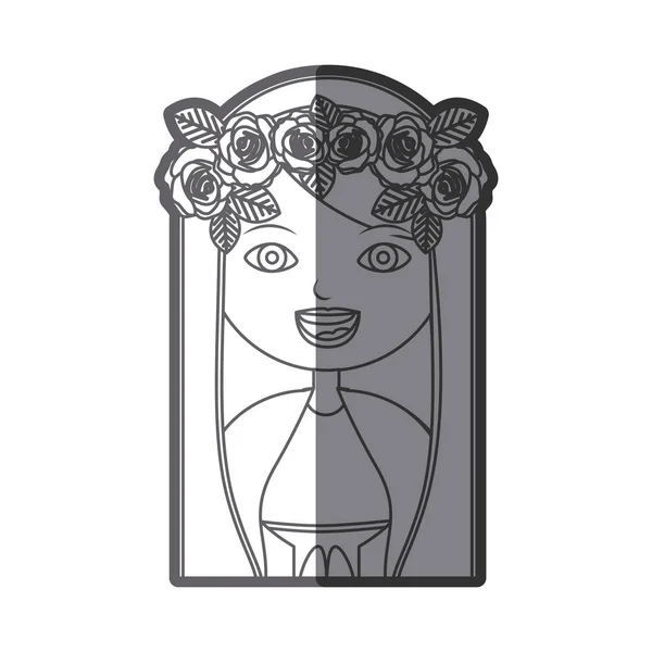 Svartvit siluett figur halva kroppen jungfru maria tecknad med krona av rosor — Stock vektor