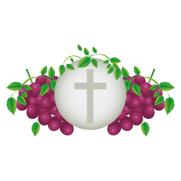 Fundo de cor com ícones religiosos de comunhão de uvas e cruz cristã — Vetor de Stock