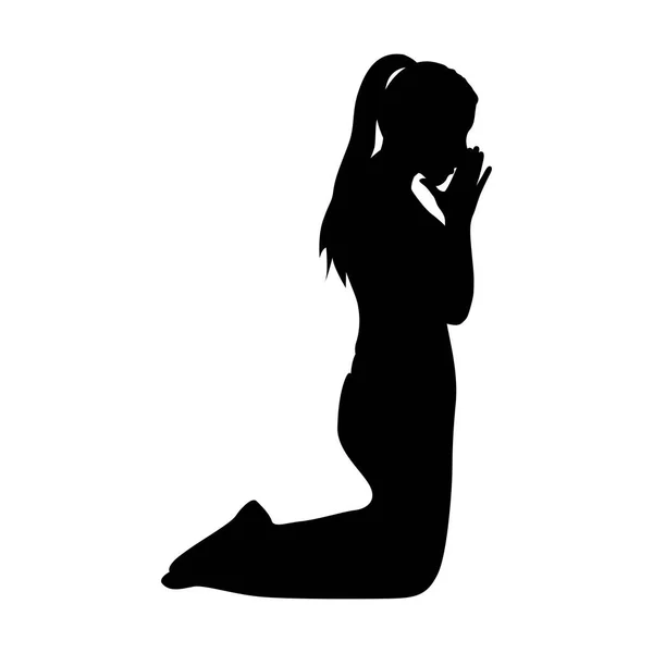 Silhouette monocromatica della donna che prega in ginocchio — Vettoriale Stock