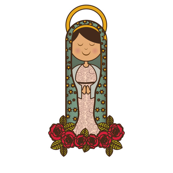 white background of virgin of guadalupe and ornament of roses