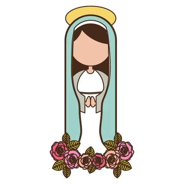 Fondo blanco de virgen cristiana sin rostro y ornamento de rosas — Vector de stock