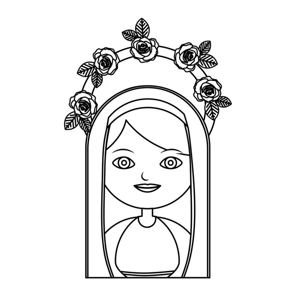 Монохромный контур полутуловища красивая девственница с короной из роз и мантии — стоковый вектор