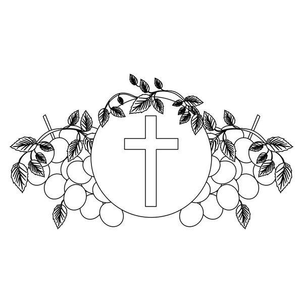 Silhouette nera con icone religiose di comunione di uva e croce cristiana — Vettoriale Stock