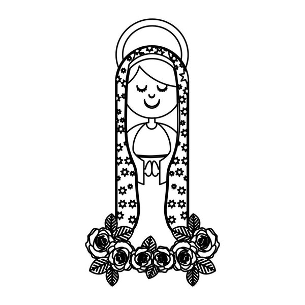 монохромный контур девственницы Гваделупы и орнамент роз
