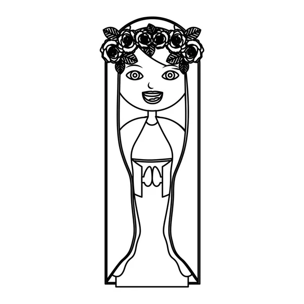 Contorno monocromo de hermosa virgen con corona de rosas — Vector de stock