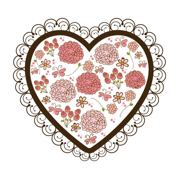 Coeur de silhouette avec cadre décoratif et motif coloré de fleurs et de papillons — Image vectorielle