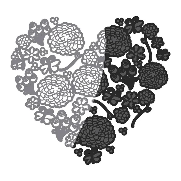 Сірий масштаб малюнок силует старовинне серце з візерунком квітки та метеликів — стоковий вектор