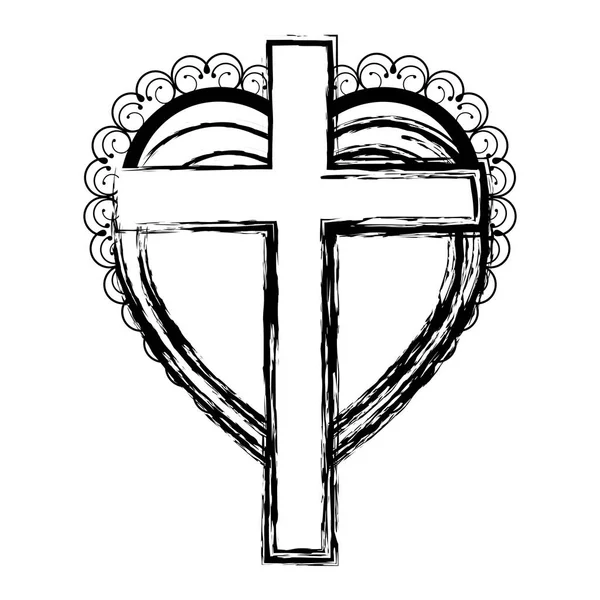 Silueta borrosa corazón marco decorativo con cruz de madera — Vector de stock