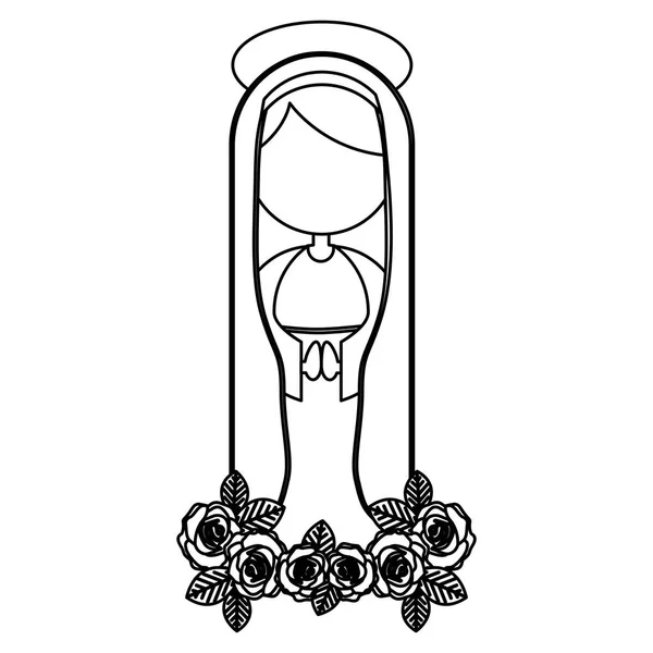 Figura silueta sin fasceles virgen maria de dibujos animados con aureola en la corona de rosas — Vector de stock