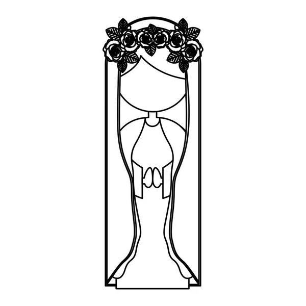 Silhouette figur fasceless jungfru maria tecknad med krona av rosor i hennes huvud — Stock vektor