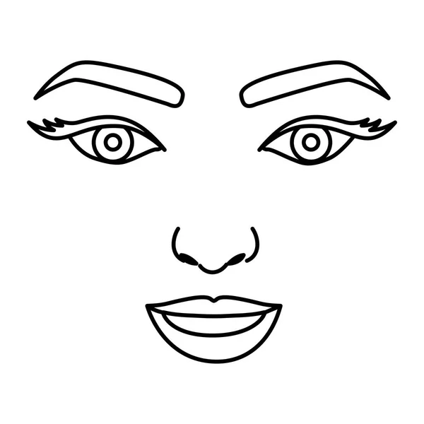 Açık gözlü kadın yüz çizim ve gülümseyen siluet — Stok Vektör