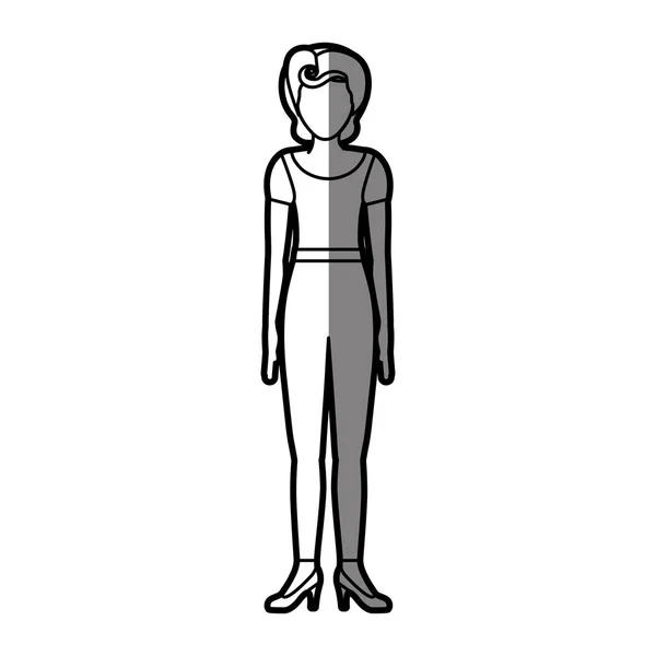 Silueta sombreado cuerpo sin rostro mujer con camiseta y pantalones estilo retro — Vector de stock