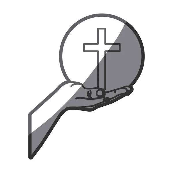 Silhouette en niveaux de gris de la main étendue avec sphère avec symbole croix — Image vectorielle