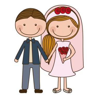renkli karikatür resmi takım elbise ve yan saç modeli gelinle damat