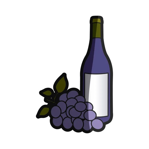 Silueta de color con botella de vino y racimo de uvas — Vector de stock