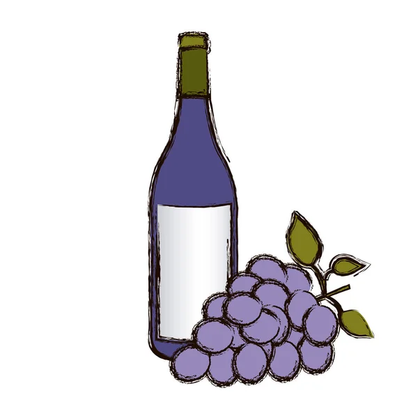 Silueta borrosa de color con botella de vino y racimo de uvas — Vector de stock