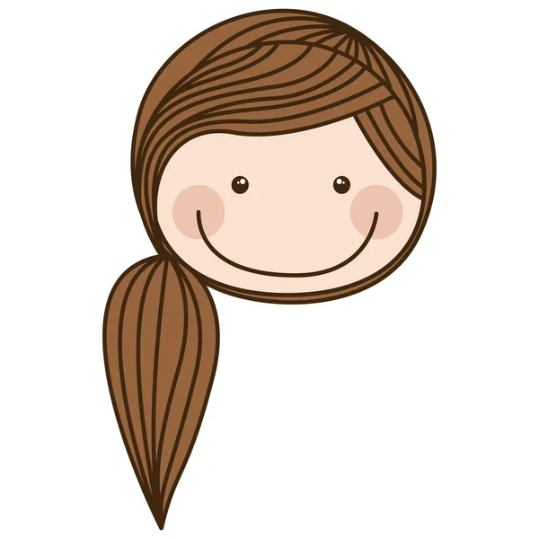 Caricatura colorido menina rosto frontal com cabelo de rabo de cavalo marrom — Vetor de Stock