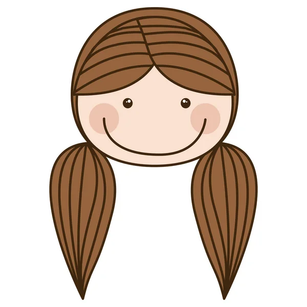 Colorful caricature front face girl with brown pigtails hair — Stock Vector