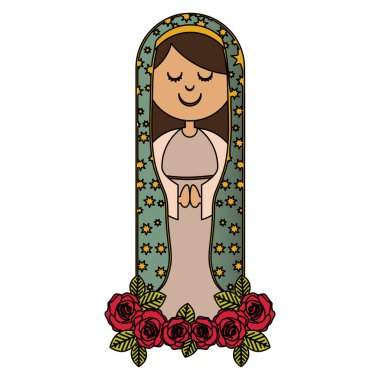 white background of colorful virgin of guadalupe with ornament of roses and mantle with stars clipart