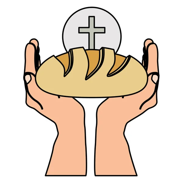 Silueta colorida de manos sosteniendo el pan y la esfera con el símbolo de la cruz — Vector de stock