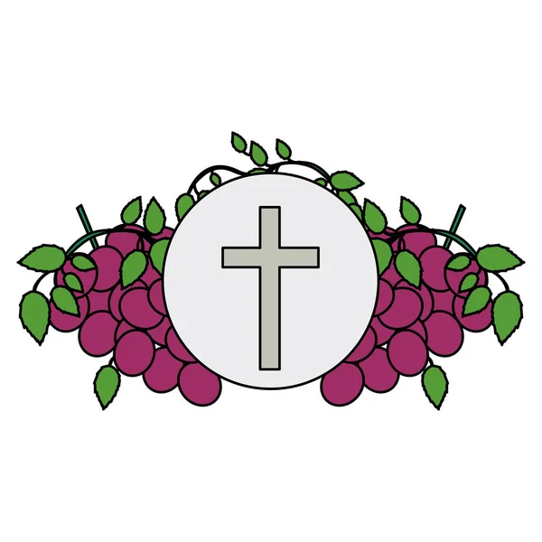 Fond coloré avec communion icônes religieuses de raisins et croix chrétienne — Image vectorielle