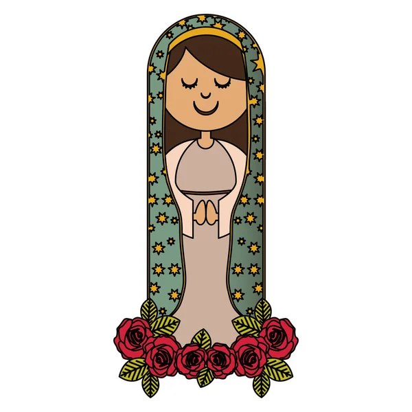 Witte achtergrond van kleurrijke Maagd van guadalupe met ornament van rozen en mantel met sterren — Stockvector