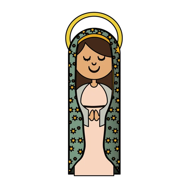 Weißer Hintergrund der bunten Jungfrau von Guadalupe mit Aura und Mantel mit Sternen — Stockvektor