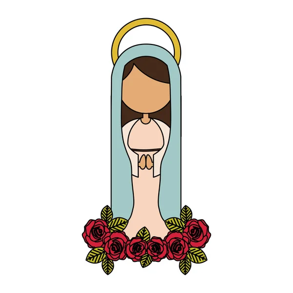 White background of colorful faceless virgin of guadalupe with light blue mantle and red roses — Stock Vector