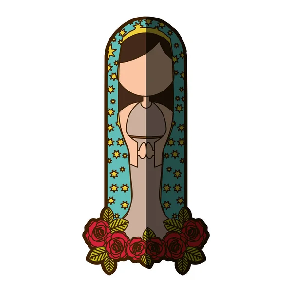 Fondo blanco de virgen sin rostro con manto con estrellas y adorno de rosas — Vector de stock