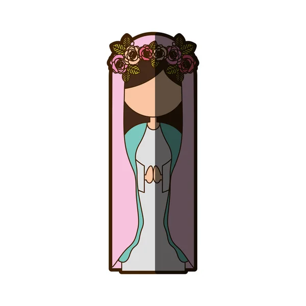 Vit bakgrund av ansiktslösa Jungfru med krona av rosor och rosa mantel med halv skugga — Stock vektor