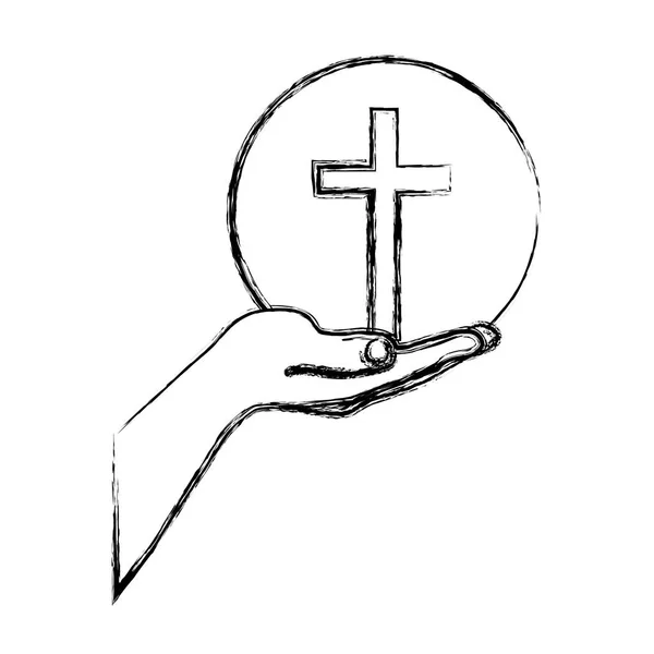 Monochroom schets silhouet van hand uitgebreid met bol met kruis symbool — Stockvector