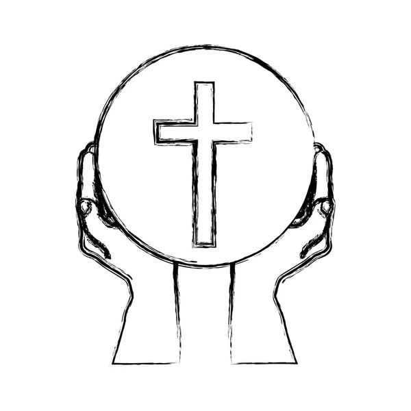 Монохромный эскиз силуэта рук, держащих сферу с крестовым символом — стоковый вектор