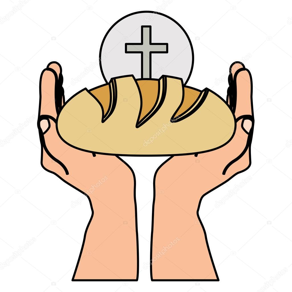 colorful silhouette of hands holding bread and sphere with cross symbol