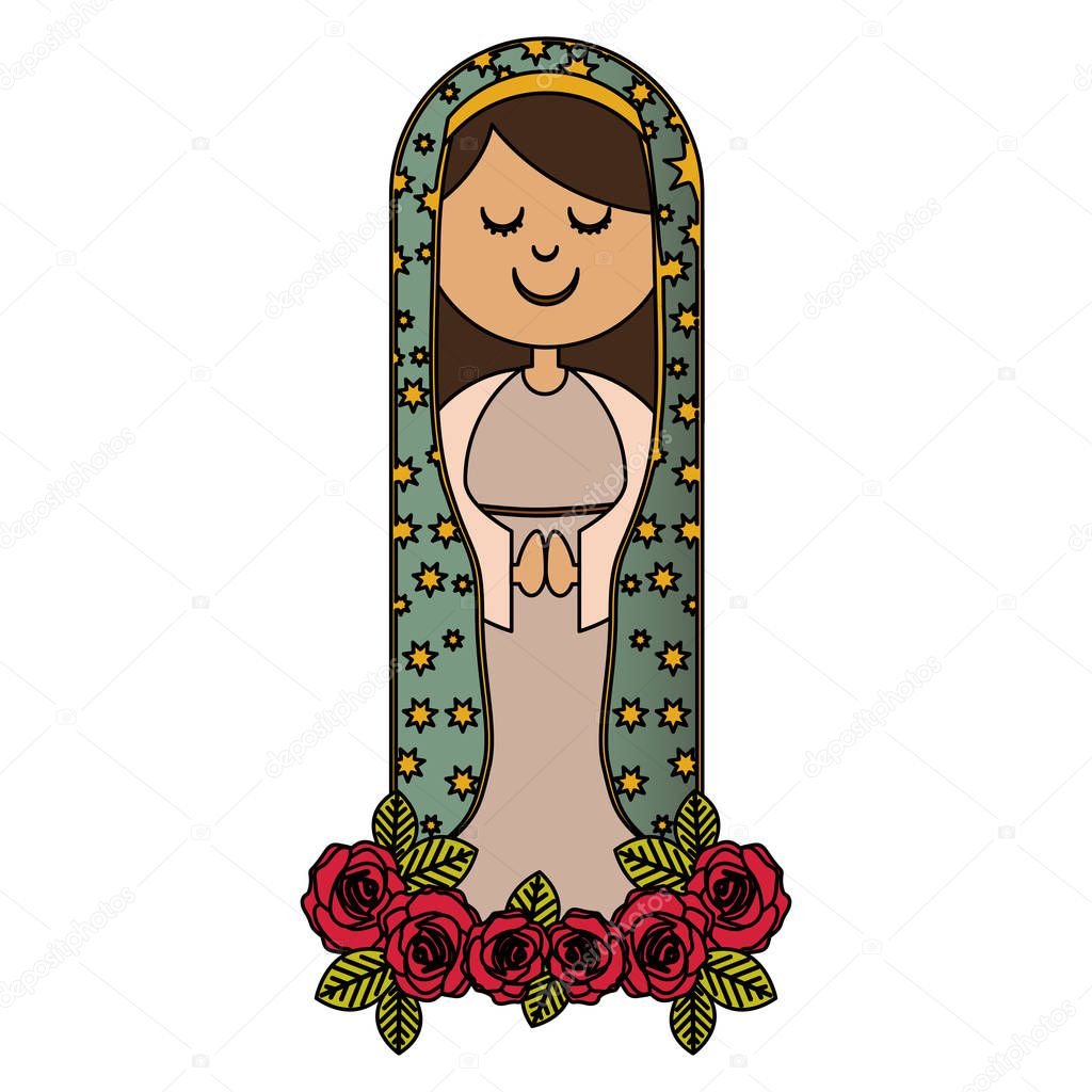 white background of colorful virgin of guadalupe with ornament of roses and mantle with stars