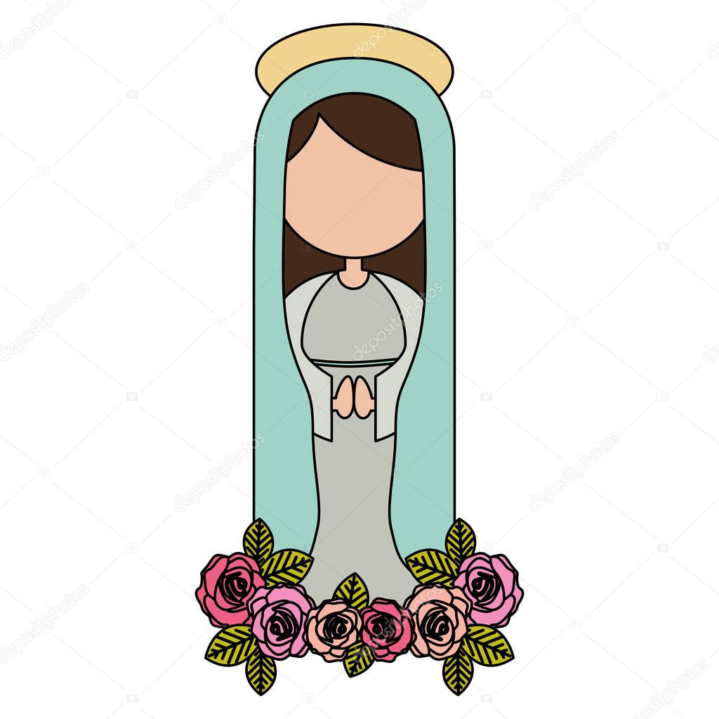 white background of colorful faceless christian virgin and ornament of roses