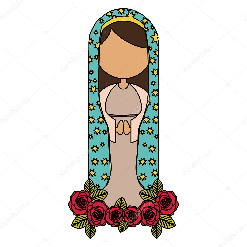 white background of colorful faceless virgin with blue mantle and ornament of roses