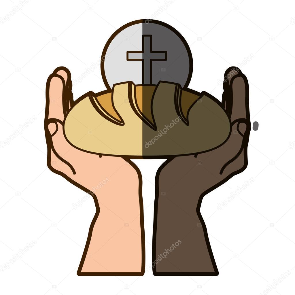 color silhouette of hands holding bread with sphere with cross symbol in background with half shadow