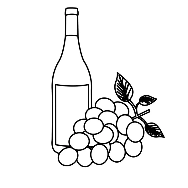 Silueta monocromática con botella de vino y racimo de uvas — Vector de stock