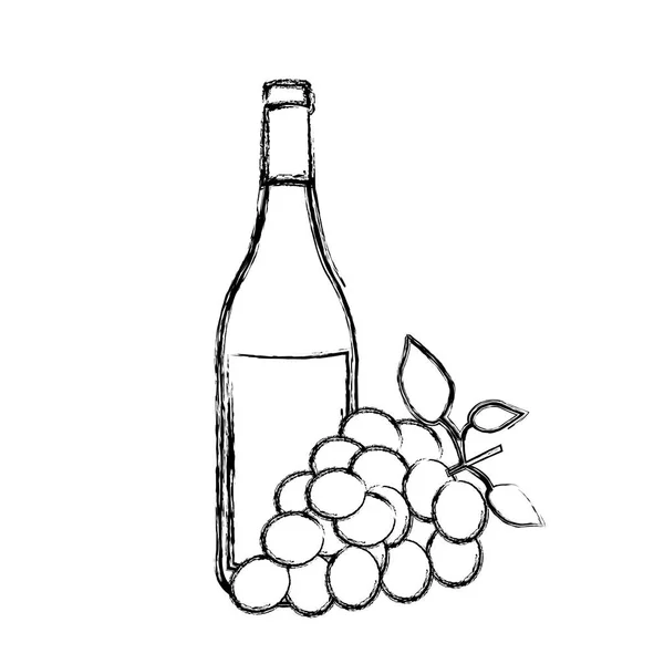 单色素描与瓶酒和串葡萄剪影 — 图库矢量图片