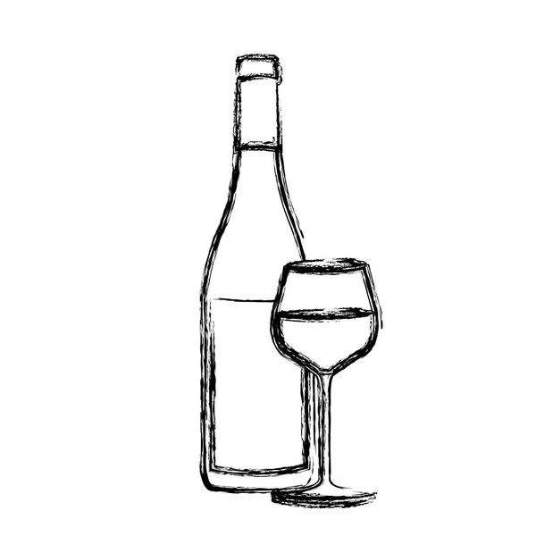Monokrom skiss siluett med en flaska vin och vinrött glas — Stock vektor