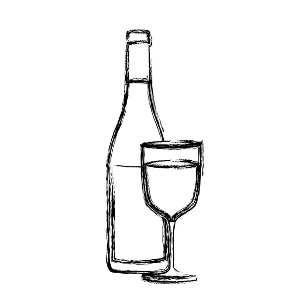 Silueta de boceto monocromo con botella de vino y vidrio — Vector de stock