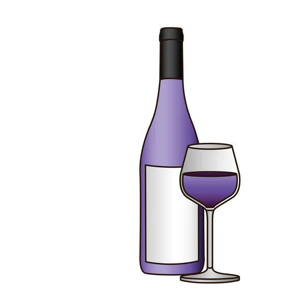 Silhueta colorida com garrafa de vinho roxo e vidro e delineado —  Vetores de Stock