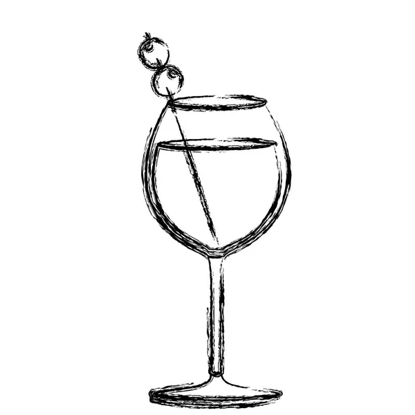 Silhouette monocromatica schizzo di cocktail di vetro bordeaux con frutta di oliva — Vettoriale Stock