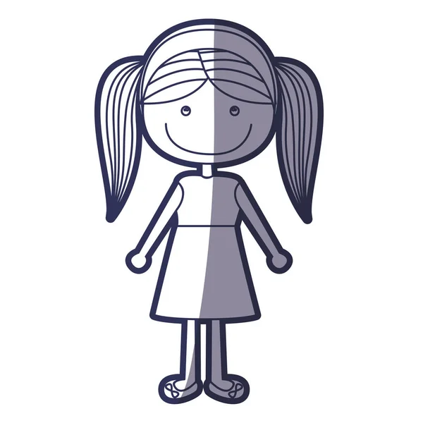 Blauwe kleur contour karikatuur meisje met pigtails kapsel en rok met blouse — Stockvector