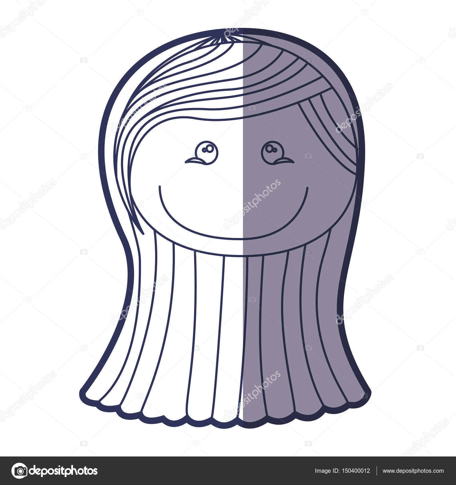 Blue Color Contour Caricature Front Face Girl With Long Straight
