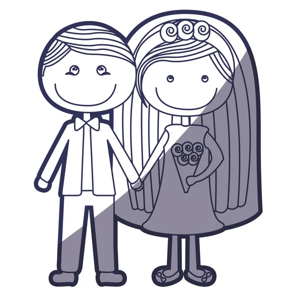 Warna biru kontur karikatur pengantin pria dengan setelan formal dan pengantin wanita dengan rambut panjang - Stok Vektor
