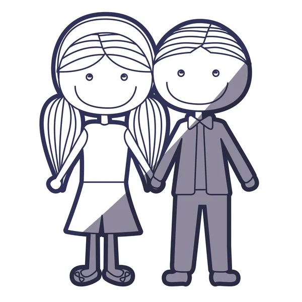 Синій колір контур карикатури хлопчик коротке волосся і дівчина косички зачіска з взятими руками — стоковий вектор
