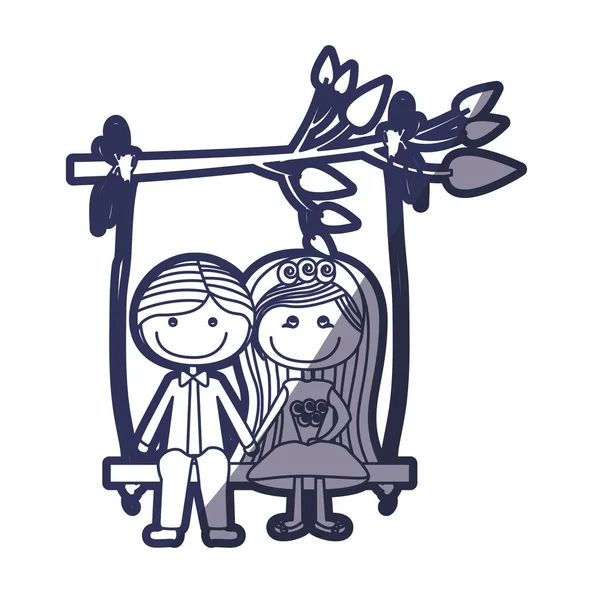Blå färg kontur karikatyr gift par i swing hängande från en gren — Stock vektor
