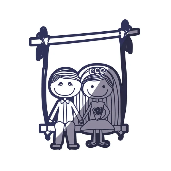Azul cor contorno caricatura casado cara e menina sentar no balanço pendurado de um ramo — Vetor de Stock